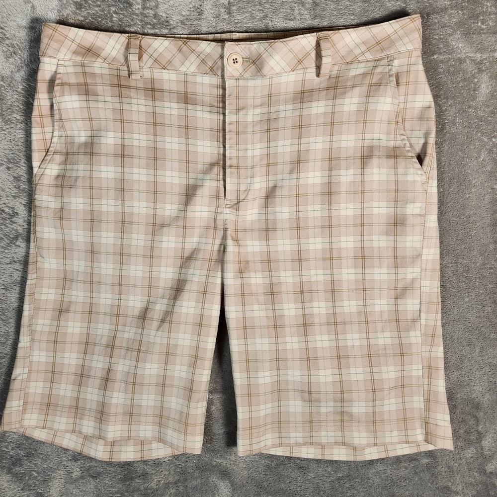 Under Armour Golf Shorts Men's 36X10 (Tag 36R) Beige Plaid Loose Stretch 207276